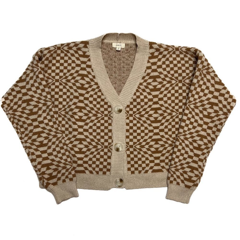 debut Checkered Cardigan Sweater Knit Cropped Tan Women's Medium